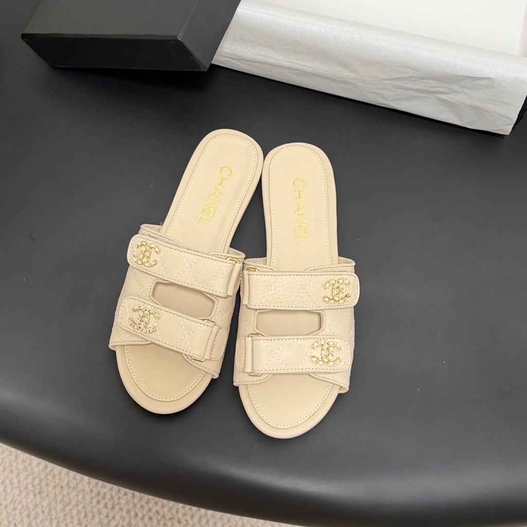 Authentic Chanel Beige Cc Logo Flat Slides With Box